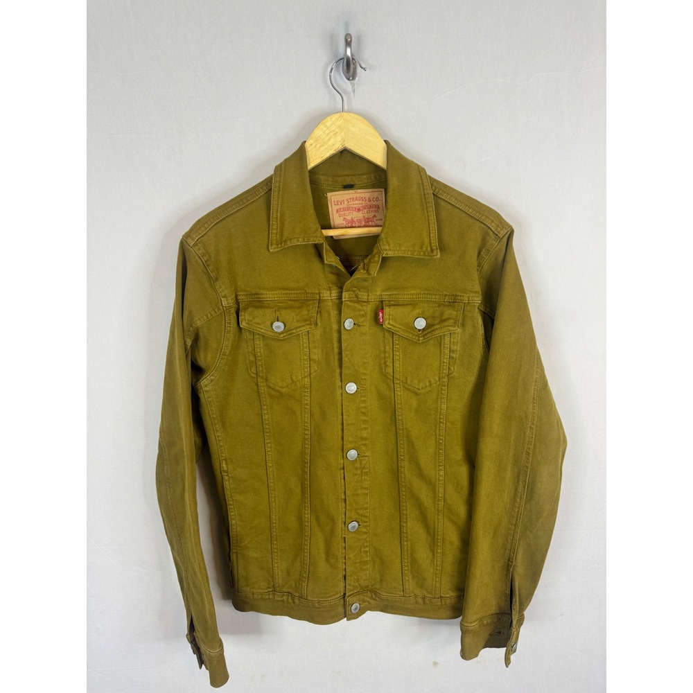 Levis Women Olive Mustard Yellow Denim Trucker Jacket Large Red Tab Button Front